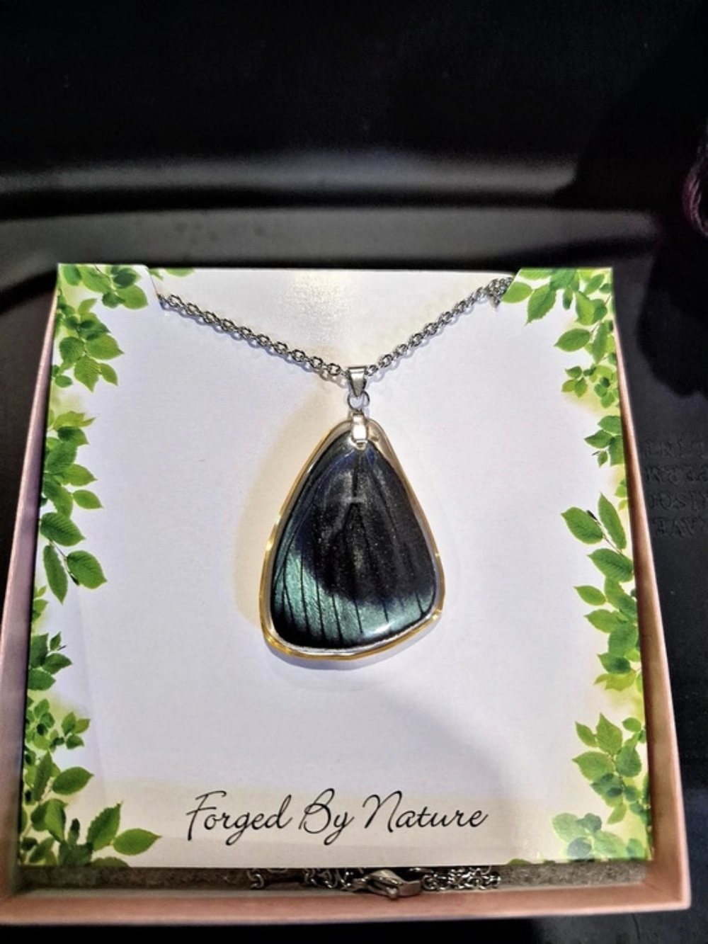 Forged By Nature Butterfly Wing Pendant Necklace Black & Green